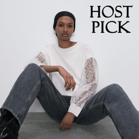 EUC Zara white sweatshirt top w/ sheer floral print sleeves, XS - Picture 5 of 16